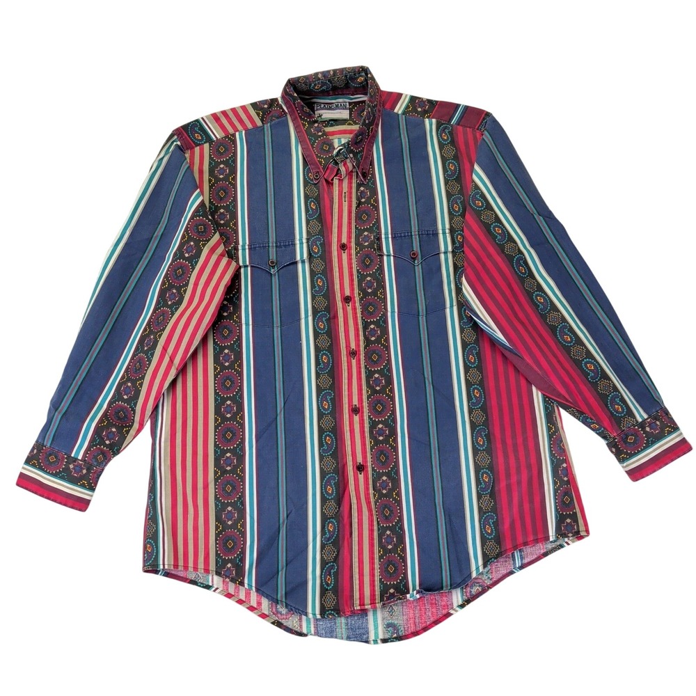 Plainsman Mens Western Button Down Shirt Multicolor Aztec Paisley Striped Large